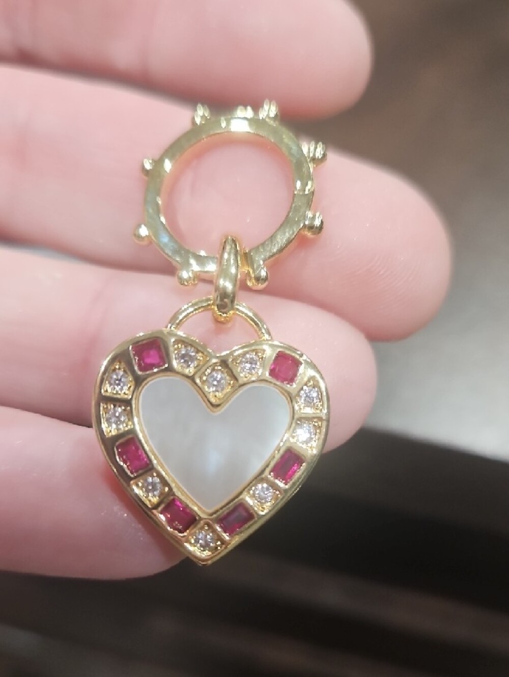 Gold Heart Pendant Charm with White Mother-of-Pearl and Pink Stones - Picture 2 of 2